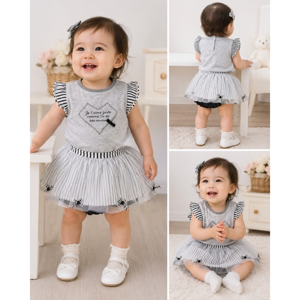 Bebe Reduction 2pc Skirt Set Baby S Grey Striped Heart Graphic Tulle Bows